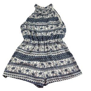 Sierra Sky Womens Romper Size Small Elephant Pattern Blue White Sleeveless Lined